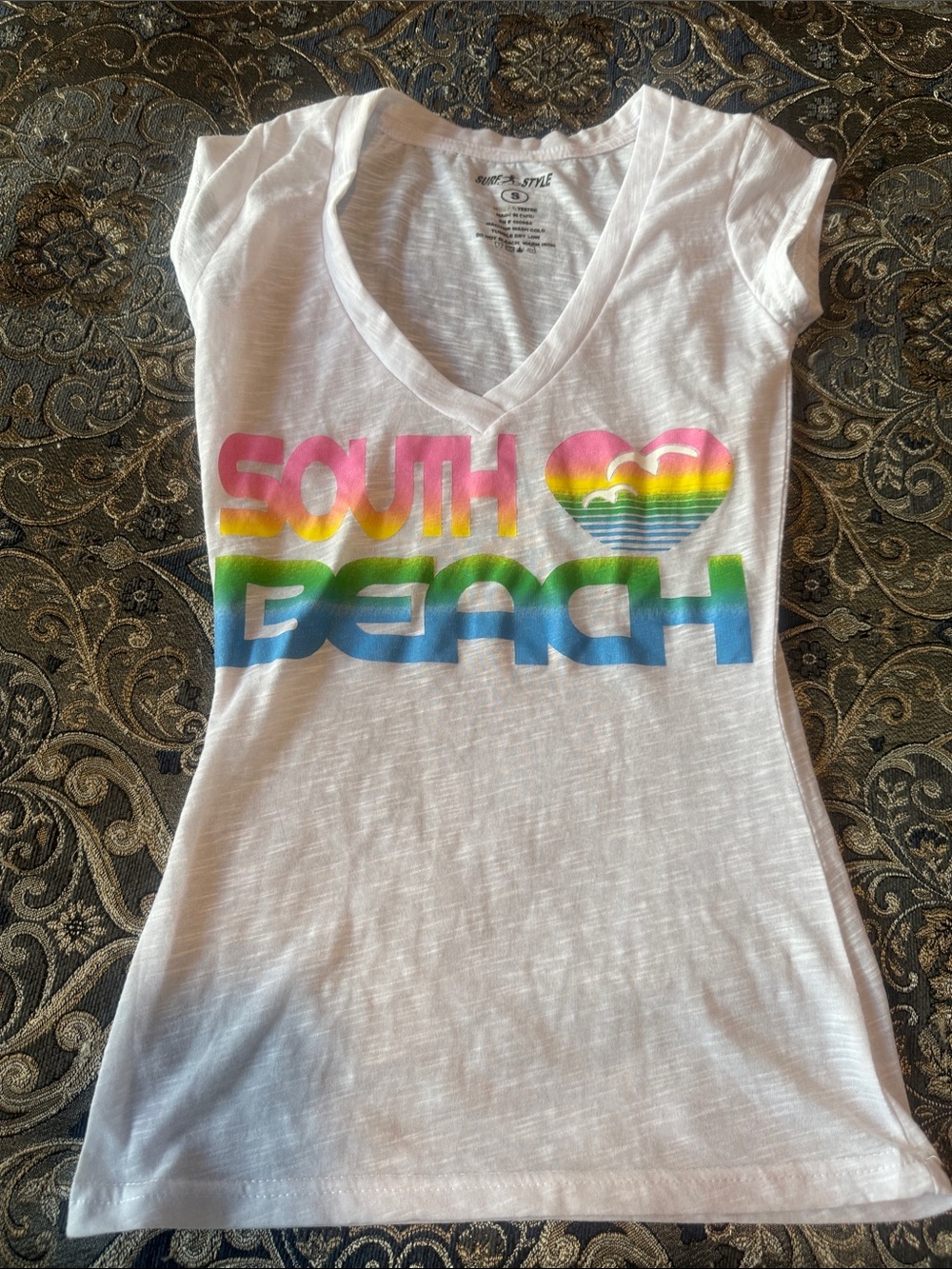 surf style White V-Neck Tee with Rainbow "South Beach" Graphic